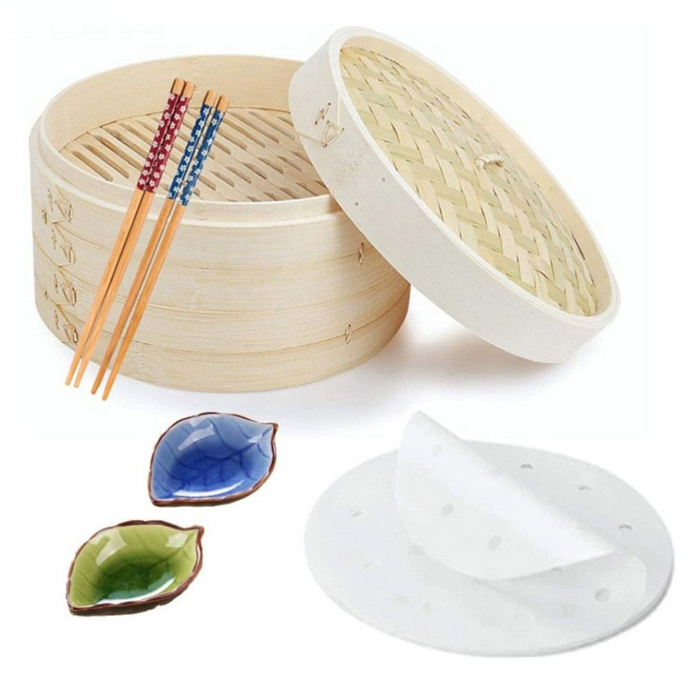 Bao Steamer Bamboo - 中国式蒸し器、蓋付き竹製蒸し器、点心調理用蒸し器、野菜スナック、蒸しパン、餃子用蒸し器