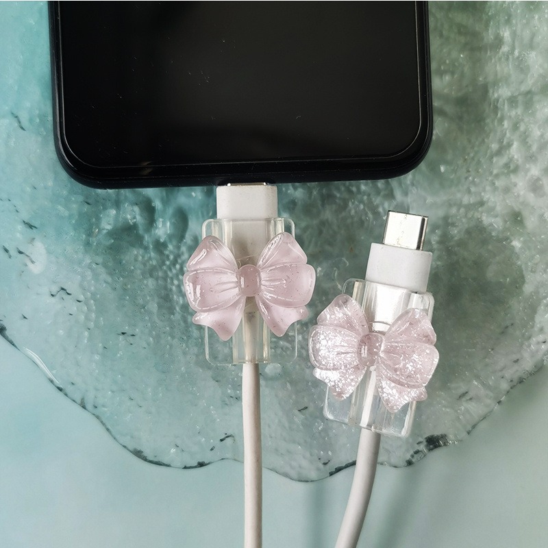 Spring Roll Wrapper - 2個入り 韓国風リボン INS クリア充電データケーブルプロテクターカバー 充電器用キュートなラインプロテクター ワインダー