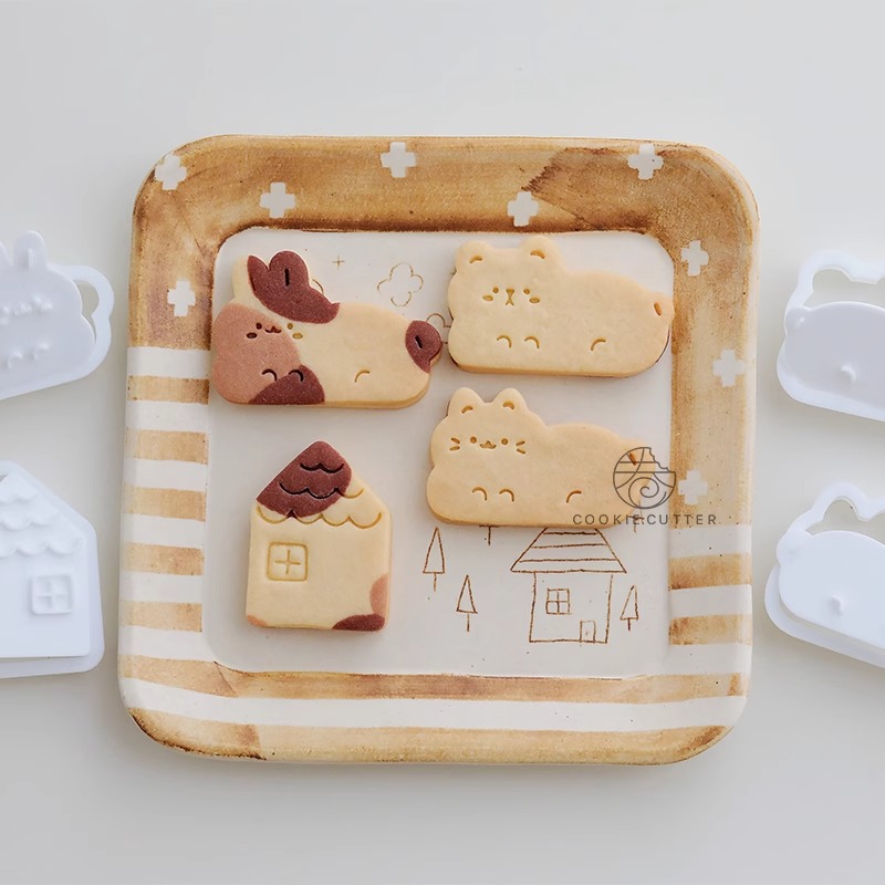 Bunny Cake Mold - 漫画の動物クッキーカッター動物かわいい猫ウサギクマビスケットスタンプエンボスツールケーキデコレーションハウスビスケット型