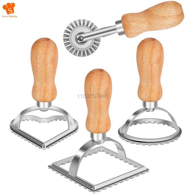 Dumpling Press Set - 3/4個入り 手動パスタ型セット 家庭用ラビオリカッター クッキー型 木製ハンドル付き キッチンベーキングツール
