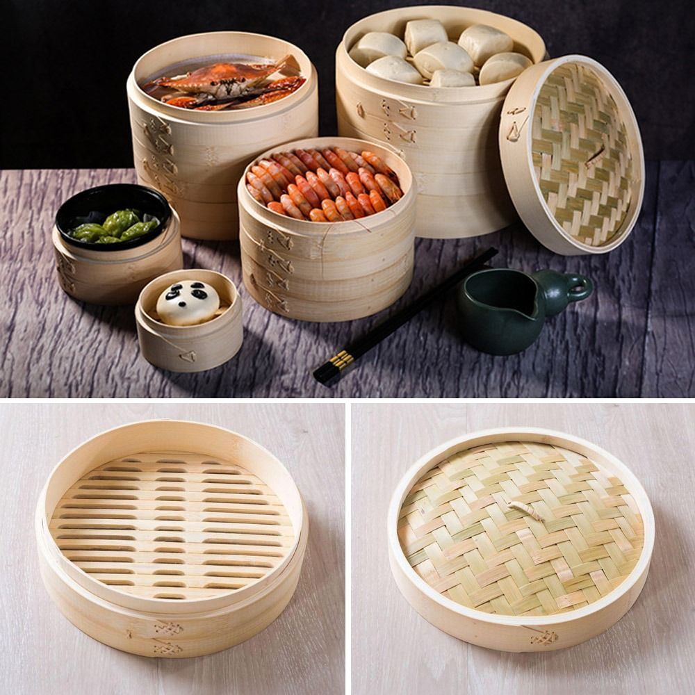 Bao Steamer Bamboo - 中国式蒸し器、蓋付き竹蒸し器、肉まん蒸し器、蒸しバスケット、野菜スナック、点心、餃子蒸し器