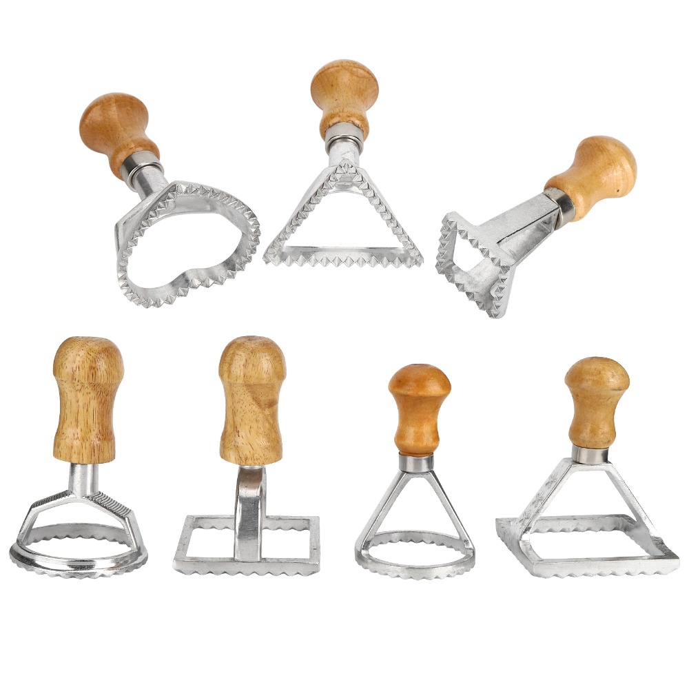 Dumpling Press Set - 7個入り個別縦型ラビオリカッターセット、無垢材溝付きエッジ餃子型、アルミ製ペストリースタンププレス、クッキーベーキング用