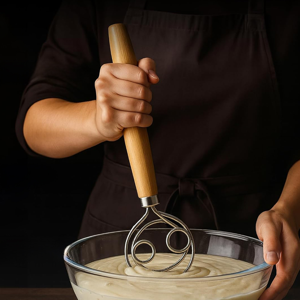 304ステンレス鋼製生地泡立て器、滑らかな木製ハンドル付き、 - Danish Pancake Pan のレビューと価格